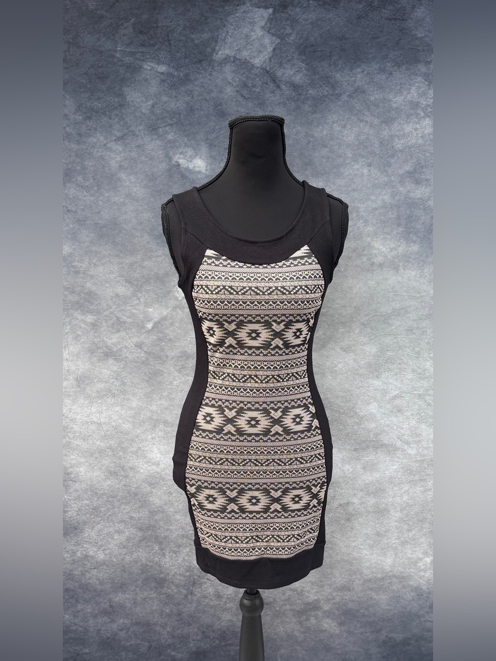 Soprano Black and Cream Aztec-Pattern Sleeveless Bodycon Mini